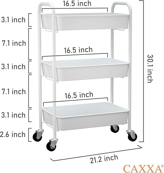 CAXXA 3-Tier Rolling Metal Storage Organizer - Mobile Utility Cart Kitchen Cart with Caster Wheels, White-NeatNest