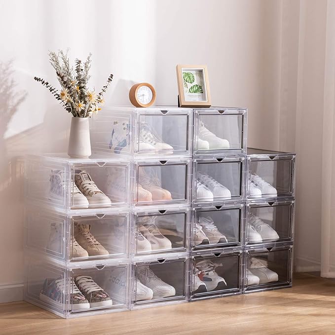 Attelite Upgraded Shoe Storage Box 9 Pack Shoe Box Clear Plastic Stackable X-Large Drop Front Shoe Box with Clear Magnetic Door,Shoe Organizer and Shoe Containers For Sneaker Display