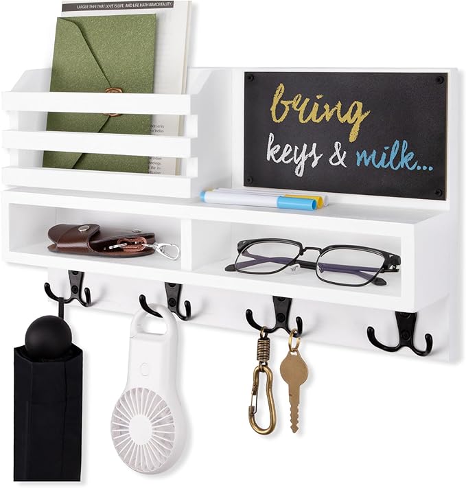 Key Holder for Wall, Wall Mounted Mail Holder Wooden with Shelf & 3 Liquid Chalks & Chalkboard, Mail Sorter Organizer, Rustic Home Decor - Entryway Living Room (15.98”W x 9.1”H x 3.3”D), White