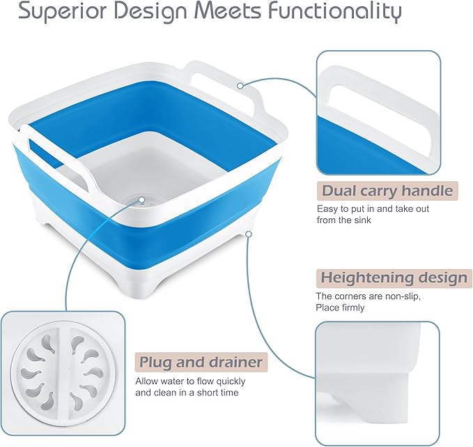 2.4 Gal(9L) Collapsible Dish Basin with Drain Plug, Space Saving Outdoor Multiuse Foldable Sink Tub, Dishpan, Kitchen Storage Tray for Camping, Vegetable Washing, RV (Blue)-NeatNest