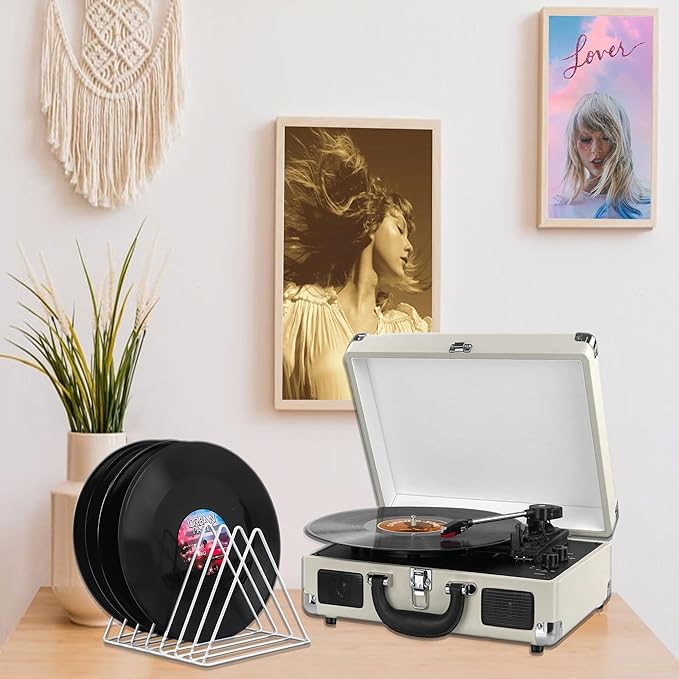 COSYAWN 7 Slot Vinyl Record Holder Storage, Anti-Rust Metal Magazine Album Display Rack Desktop File Organizer, Triangle Paper Letter Newspaper Sorter Stand for Home Office, White