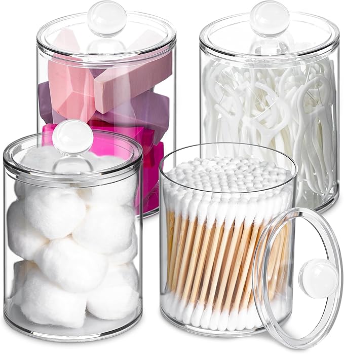 4 Pack Qtip Holder,Canister Apothecary Jar Set, Bathroom Jars with Lids Set for Cotton Swabs, Balls, Pads, Floss Picks,10oz-12oz Plastic Canisters Restroom Bedroom Vanity Organizer(Clear)