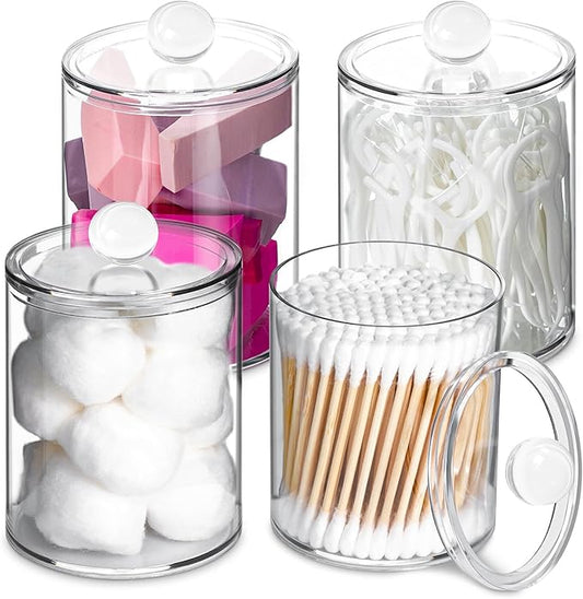 4 Pack Qtip Holder,Canister Apothecary Jar Set, Bathroom Jars with Lids Set for Cotton Swabs, Balls, Pads, Floss Picks,10oz-12oz Plastic Canisters Restroom Bedroom Vanity Organizer(Clear)