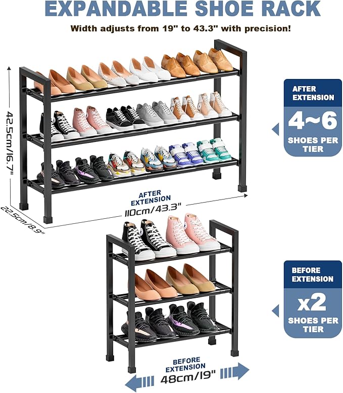 Mavivegue 3 Tier Expandable Shoe Rack for Closet, 19“- 43” Adjustable Shoe Rack for Entryway, Shoe Shelf, Black-NeatNest