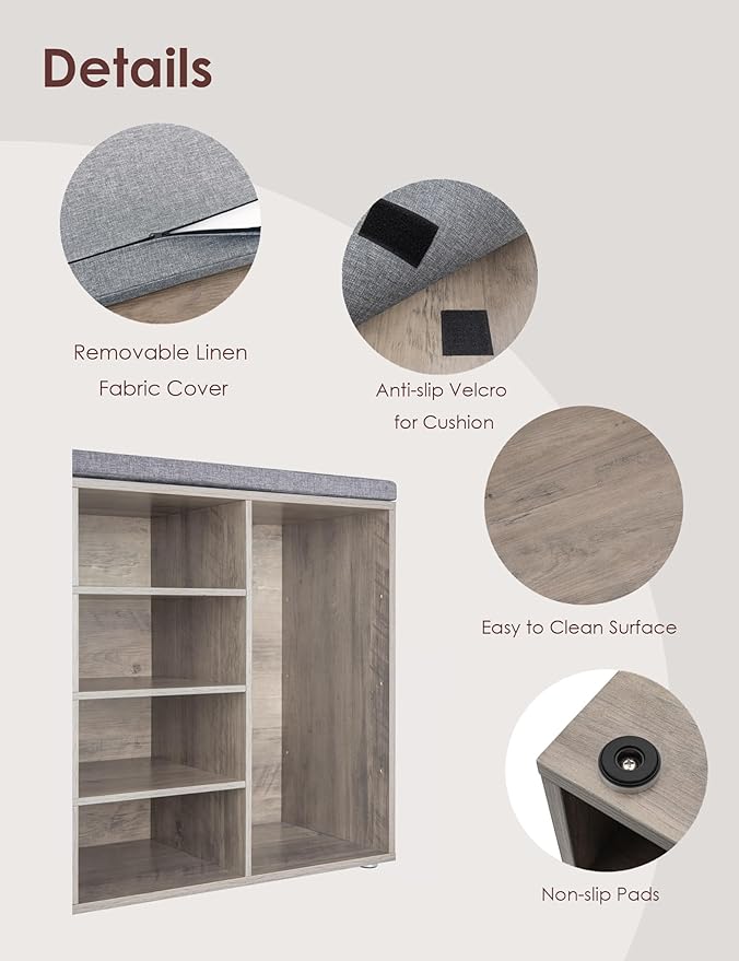 DINZI LVJ Shoe Storage Bench with Cushion, 16-Cubby Shoe Rack, Adjustable Shelves, Multifunctional Shoe Organizer Bench for Entryway, Mudroom, Hallway, Living Room, Bedroom and Garage, Greige-NeatNest