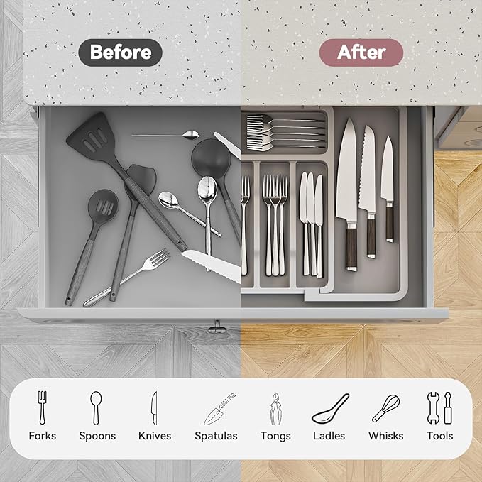 2 Pack Silverware Organizer, Expandable and Adjustable Kitchen Utensil Drawer Organizer, Plastic Cutlery Holder with Multiple Compartments,Cutlery Holder,for Spoons Forks Knives,Grey,UAFD012G-NeatNest