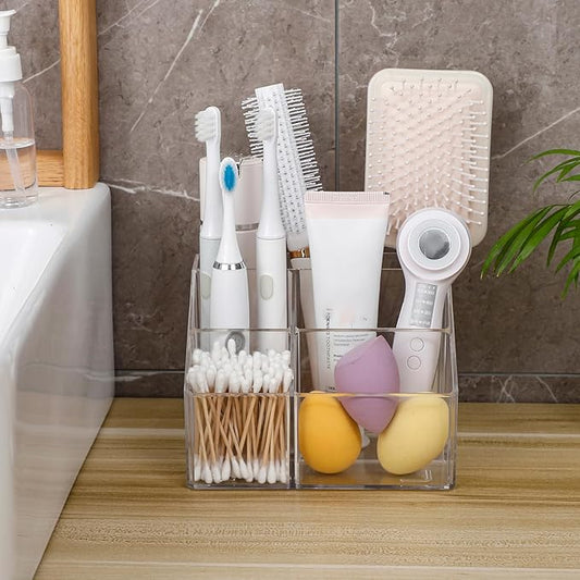 Yesesion Clear Makeup Organizer with 5 Compartments, Plastic Bathroom Counter Storage for Skincare, Toothbrush, Cosmetics Brushes, Palette, Lipsticks, Hair Accessories Holder for Vanity Dresser-NeatNest