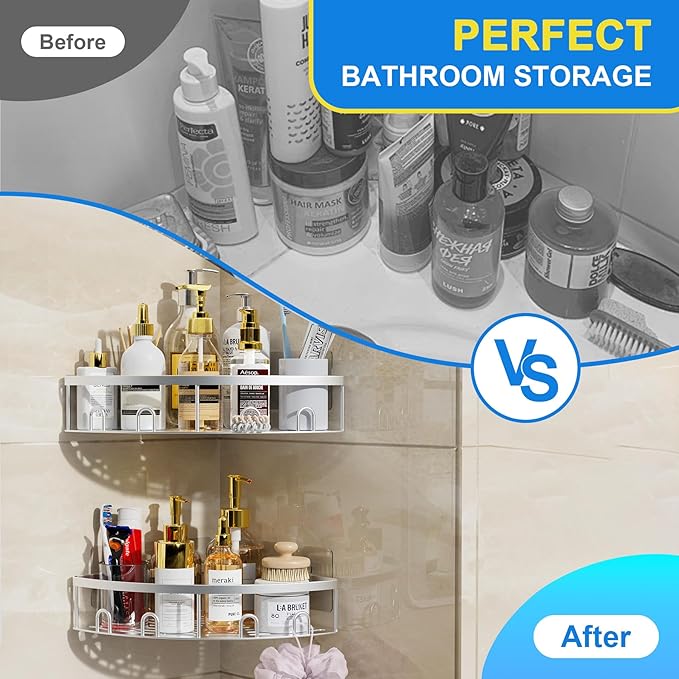 Corner Shower Caddy, 2 Pack Adhesive Bathroom Shower Corner Organizer Shelf, No Drilling Rustproof Wall Mounted Shower Storage Rack Shampoo Holder Organizer (Silver)