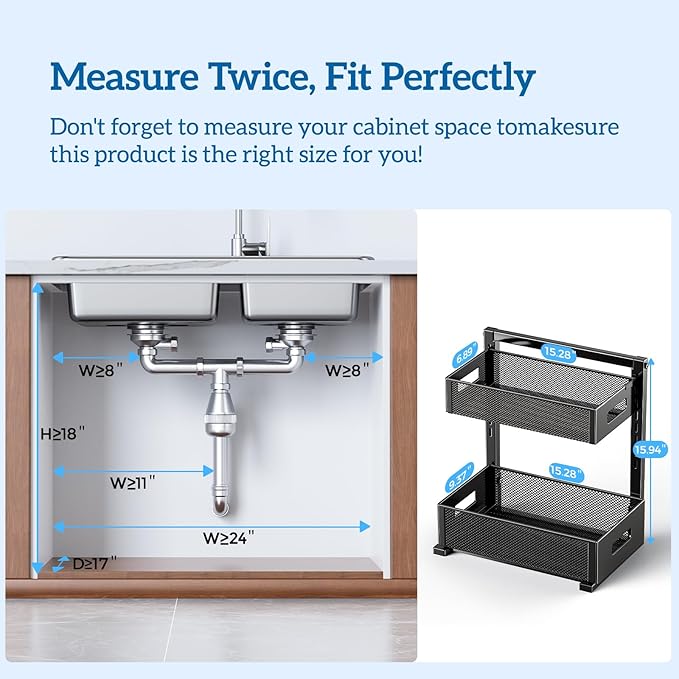 2 Tier Under Sink Organizer, Pull Out Cabinet Organizer, Slide Out Metal Kitchen Organizers Drawer Shelf, Sliding Storage Shelves for Kitchen Bathroom Pantry Cabinet Closet Organization Rack-NeatNest