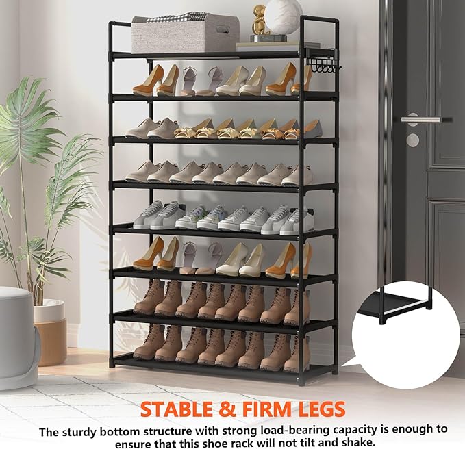 8 Tiers Shoe Rack Organizer, Stackable & Adjustable Non-Woven Fabric Shoe Shelf Storage Cabinet, Holds up to 32 Pairs for Entryway, Closet, Black-NeatNest