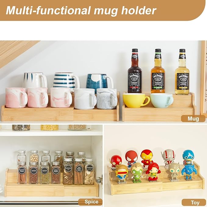 2-Tier Expandable Coffee Mug Holder, Mug Organizer for Kitchen Cabinets, Bamboo Mug Cup Rack, Multi-Functional Cup Holder Shelf, Coffee Bar Organizer, Home-NeatNest