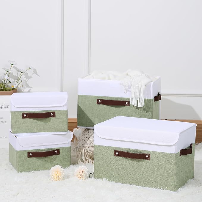 ANMINY 2PCS Storage Boxes with Lid Washable Decorative Storage Bins Basket with PU Leather Handle Foldable Linen Fabric Storage Cubes Containers for Home Closet Organizer - Green White, Small Size-NeatNest