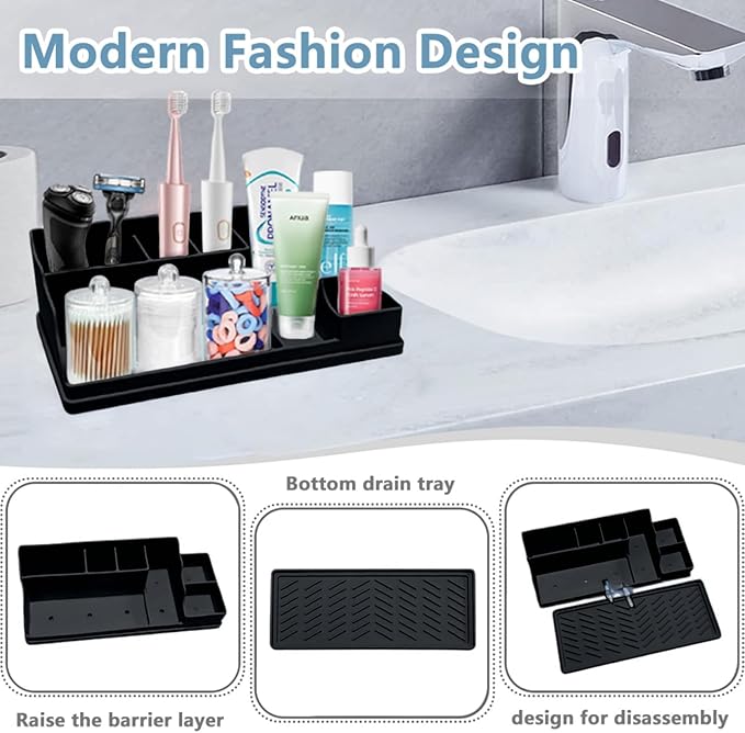 Silicone Multifunctional Bathroom Organizer Countertop,7Compartment Silicone Cosmetics Storage Organizer, Bathroom Countertop Accessories Storage,Toothbrush Stand for Vanity Office Sink，Black-NeatNest