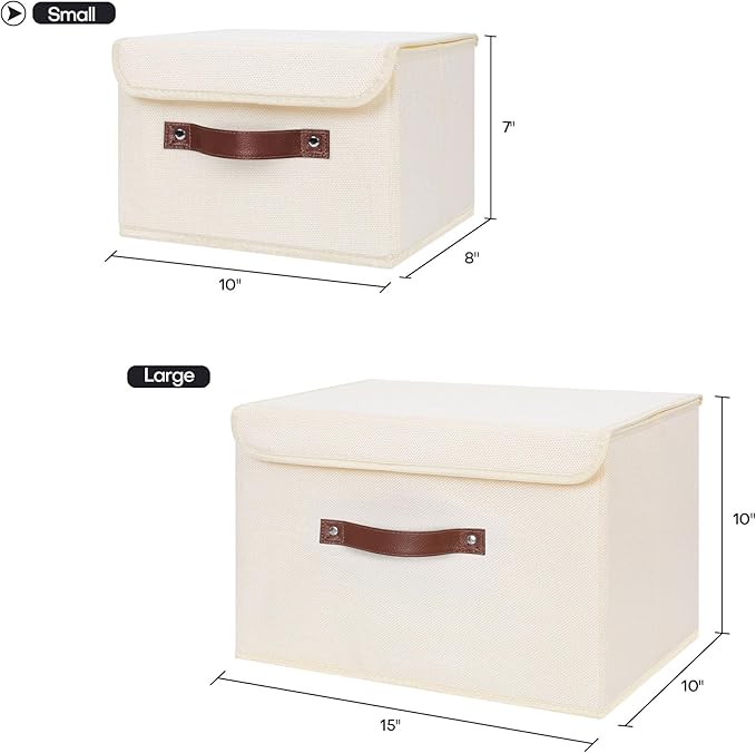 ANMINY Storage Bin with Lid Storage Boxes with PU Leather Handles PP Plastic Board Decorative Foldable Lidded Cotton Linen Fabric Home Cubes Baskets Closet Organizer Container - Beige, Small Size-NeatNest