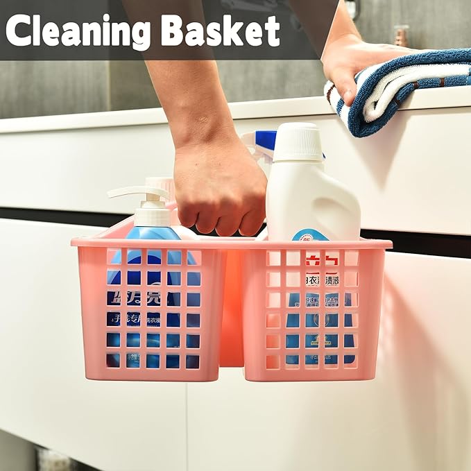 Haundry Plastic Shower Caddy Basket with 3 Compartments, Portable Divided Cleaning Supply Storage Organizer with Handle (Pink)-NeatNest
