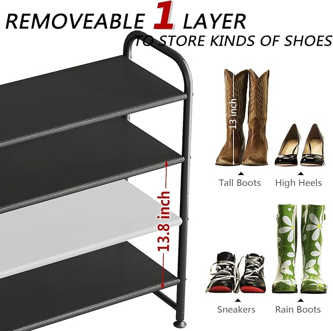 Shoe Rack 4 Tier Long Storage Organizer Wide Metal Shoe Shelf for Closet Entryway Black-NeatNest