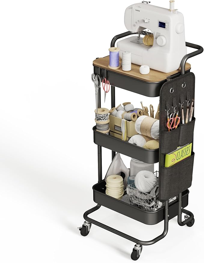 DTK 3 Tier Metal Utility Rolling Cart with Table Top and Side Bags, Tray Storage Organizer Wheels, Art Craft 4 Hooks for Kitchen Bathroom Office Living Room (Black)-NeatNest