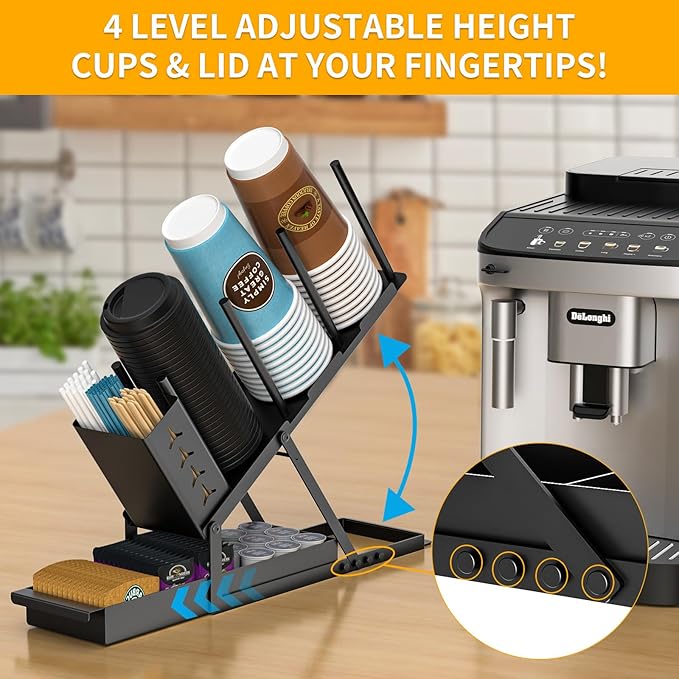 Cup and Lid Holder with Straw Organizer Coffee Station Organizer, Metal Cup Dispenser 5 Compartment Coffee Cup Holder for Coffee Bar Accessories, Disposable Paper Cups, Plastic Cups, Lids-NeatNest