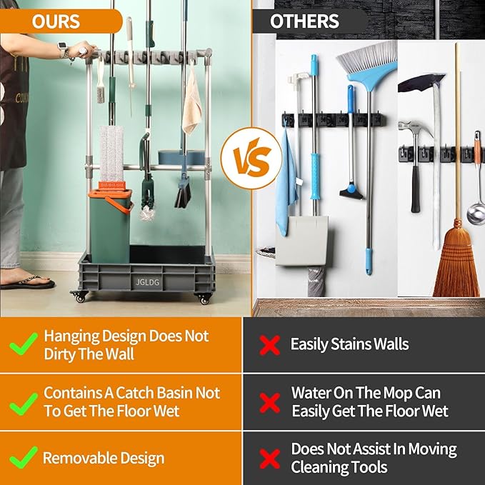 Broom mop Holder Cleaning Supplies Organizer Janitor carts on Wheels Housekeeping Station Storage Tools for Garage, Garden, Closet, Cabinet-NeatNest