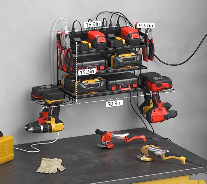 CCCEI Garage Tools Storage with Charging Station. Power Tool Battery Organizer Utility Shelf with Power Strip. 4 Drills Holder Wall Mount Rack, Black 3 Layer.-NeatNest