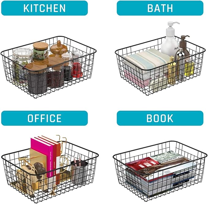 Metal Wire Basket Food Storage Organizer with Wooden Handles for Organizing Kitchen Cabinets, 4 Packs-Black-large-NeatNest