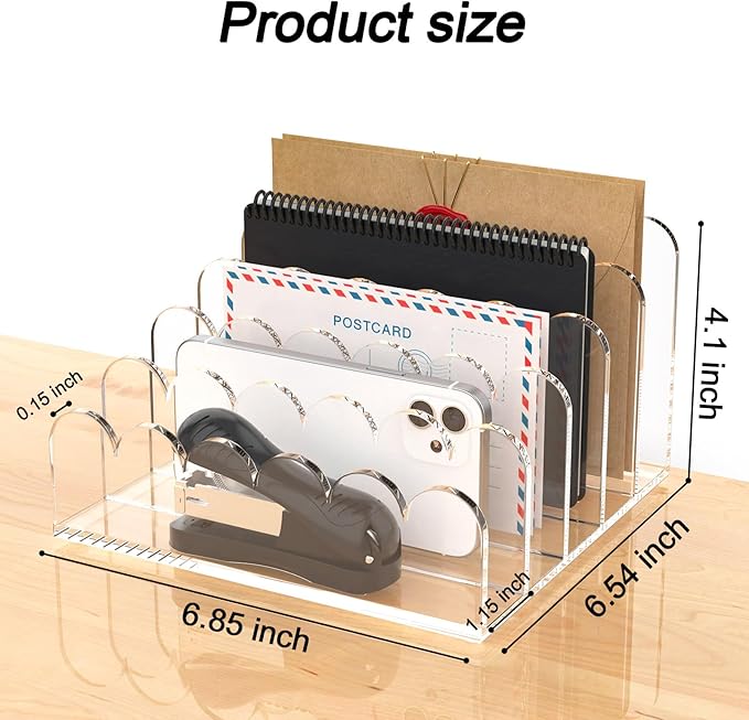 YAGELI 2 Pack 5-Slot Acrylic Mail Organizer for Desktop – Scalloped Clear Document Sorter, Vertical File Holder for Office/Home, Space-Saving Desk Organizer for Letters,Envelope,Bills,Stationery