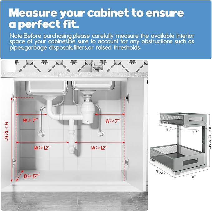 1 Pack-11.4"-16.14" H Under Sink Storage Organizer, Large 2-Tier Elegant Mesh Pull Out Shelf for Kitchen & Bathroom Cabinet Organization, L-Shaped, Adjustable Height-Gun Gray-NeatNest