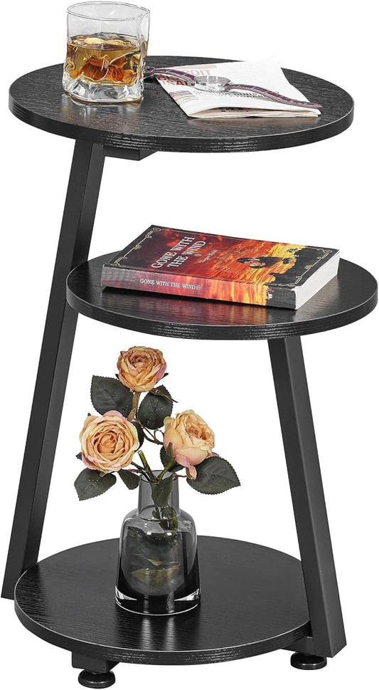 BEWISHOME Round End Table Side Table with Metal Frame, Accent Nightstand Bedside Table with 3-Tier Shelves, Small Couch Table for Living Room Bedroom Black KTZ41B-NeatNest