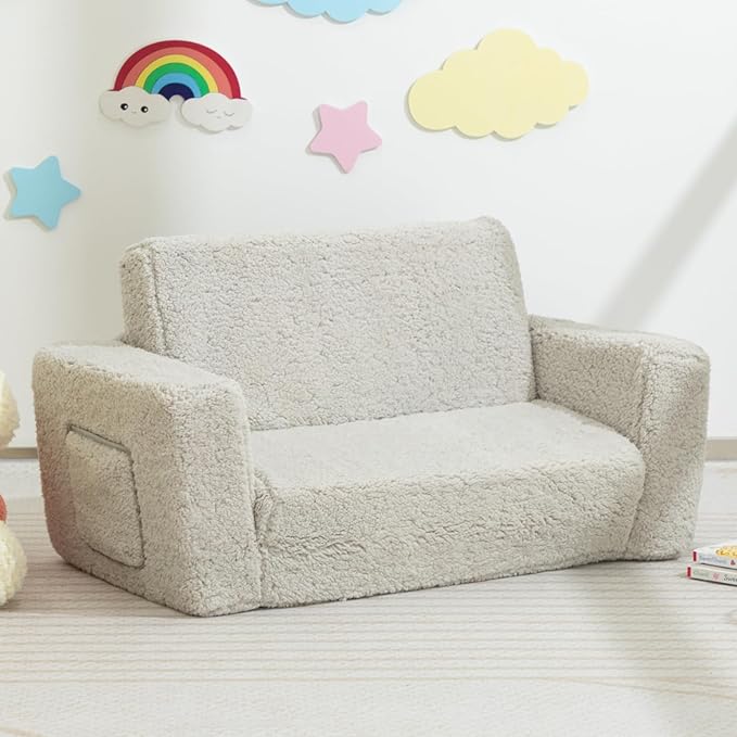 ALIMORDEN Fold Out Toddler Couch, Extra Wide Comfy 2-in-1 Cuddly Sherpa Sofa for Kids, with Removable Baby Friendly Blanket, Convertible Sofa to Bed, Light Grey-NeatNest