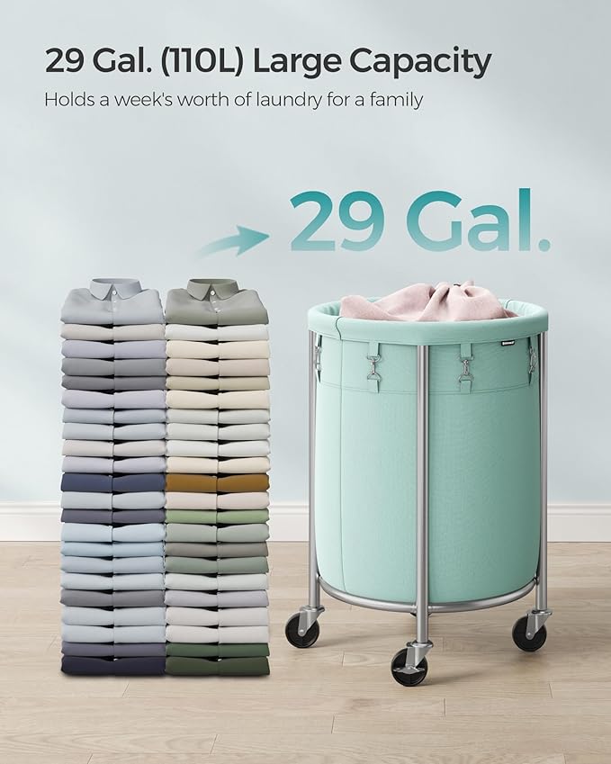 SONGMICS Laundry Basket with Casters, Rolling Laundry Hamper, 29 Gal., Round Laundry Cart with Steel Frame and Removable Bag, 4 Casters and 2 Brakes, Mint Green and Metallic Silver URLS002C01