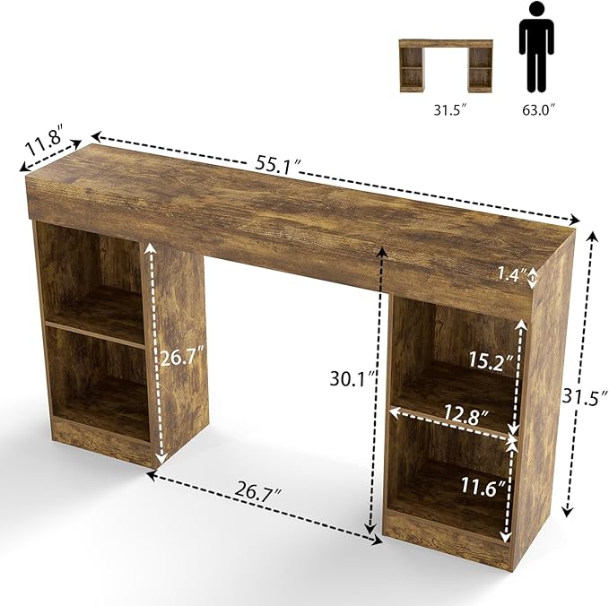 55 Inches Console Table,4 Cubes Narrow Entryway Table,3 Tier Wood Behind Couch Sofa Table,TV Console with Storage for Living Room,Hallway,Entrance,Foyer (Bright Brown)-NeatNest