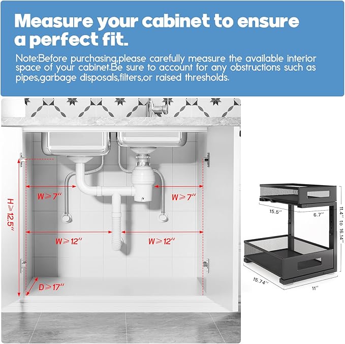 1 Pack-11.4"-16.14"H Under Sink Storage Organizer, Large 2-Tier Elegant Mesh Pull Out Shelf for Kitchen and Bathroom Cabinet Organization, L-Shaped and Adjustable Height Design for Maximum Space-Black-NeatNest