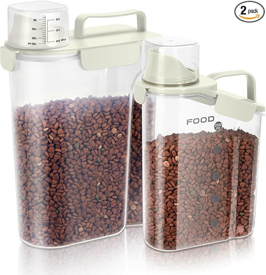 Dog Food Storage Container, Upgraded Large Nozzle BPA-free, 8-12 LBS Plastic Pet Food Storage Containers, With 4 Sealed Clasps, 1 Measuring Cup and Handle (2, Beige (3L+5L), (3L+5L))-NeatNest