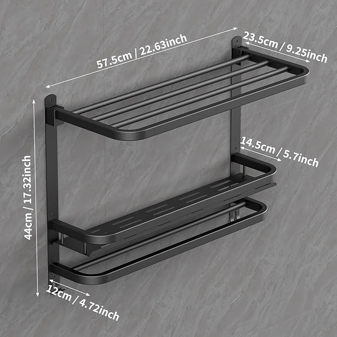 22.8Inch Towel Rack for Bathroom and Lavatory Towel Hanger with Wall Mount Towel Bars 304 Stainless Steel No Drill (Collapsible Black Towel Rack with Bathroom Organize Shower Shelves)