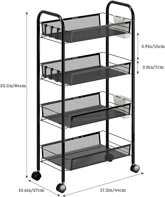3/4/5 Tier Fruit Vegetable Basket, Stackable Metal Mesh Storage Basket with 360 Degree Wheels, Fruit Vegetable Produce Basket Storage Organizer for Kitchen, Pantry, Bathroom White 4-Layers