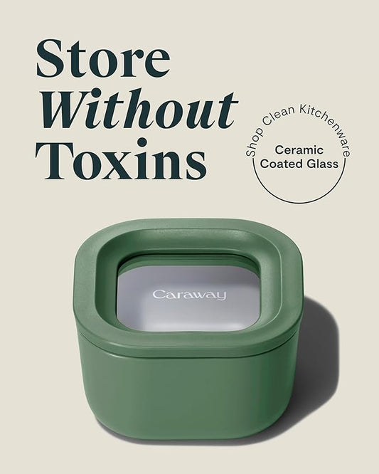 Caraway Mini Square Food Storage Container - 1.75 Cup Glass Storage Container for Food - Non-Toxic Ceramic-Coated Glass - Air Release Technology - Compact & Stackable Design - Sage-NeatNest