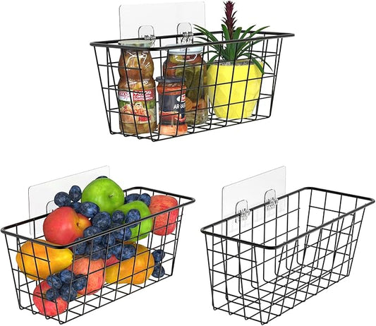 MaraFansie Over the Cabinet Door Organizer Wall Wire Baskets Hanging Kitchen Basket Shelf for Cabinet & Pantry Organization and Kitchen, Bathroom, Bedroom Storage, with Adhesive, Black, 3 Pack-NeatNest