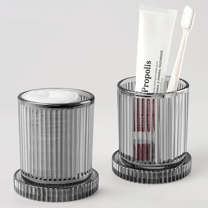 2 Pack Qtip Holder - Apothecary Jars with Lids, Bathroom Organizers and Storage Canister for Cotton Balls,Swabs,Floss Picks,Hair Ties,Clear Glass Vintage Bathroom Decor Jar Set (Gray)-NeatNest