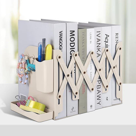 Honagu Adjustable Bookends, Metal Book Ends for Shelves Heavy Book, Desk Magazine File Organizer for Home, Office, Books, Papers with Removable Hook, Pen Holder（Milky White）