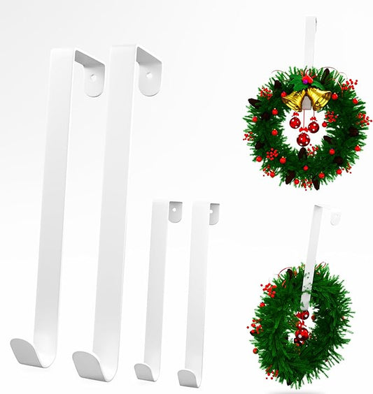12 & 8 Inch Heavy Duty Wreath Hooks 4 Pack - Holds 50 lbs! No Drill Storm Door Hangers, Steel Over Door Hooks for Giant Christmas Decor, Fits Door Tops 1"-2.2" Thick(White)