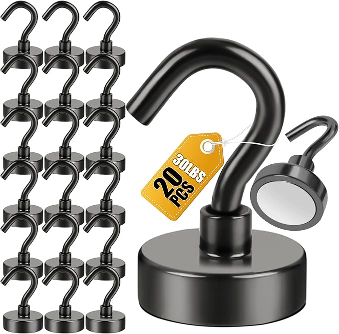 DIYMAG Magnetic Hooks for Refrigerator, Extra Strong Cruise Hook, Heavy Duty Earth Magnets with Hook for Hanging, Magnetic Hanger for Cabins, Grill (20P-Black)-NeatNest