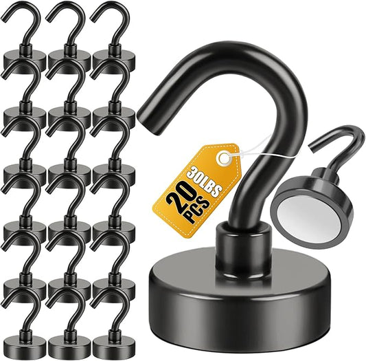 DIYMAG Magnetic Hooks for Refrigerator, Extra Strong Cruise Hook, Heavy Duty Earth Magnets with Hook for Hanging, Magnetic Hanger for Cabins, Grill (20P-Black)-NeatNest