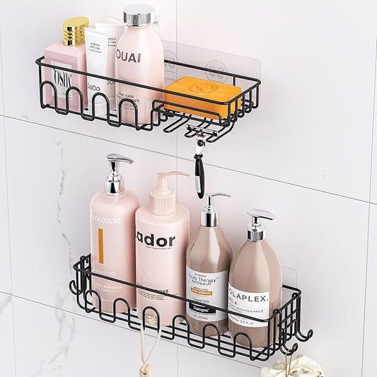Adhesive Shower Caddy: 2 Bonus Hooks, 4-Pack Wall Mounted Bathroom Storage Shelf, Rustproof Metal Basket Organizer for Kitchen & Bathroom No Drill Black