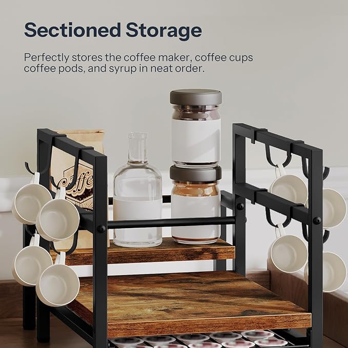 HOOBRO K Cup Holder, Coffee Pod Organizer for Counter, 35 Capacity Pods Storage Organizer Cups with Mug Rack, Coffee Maker Stand, Coffee Station for Syrup, Rustic Brown and Black BF01CR01-NeatNest