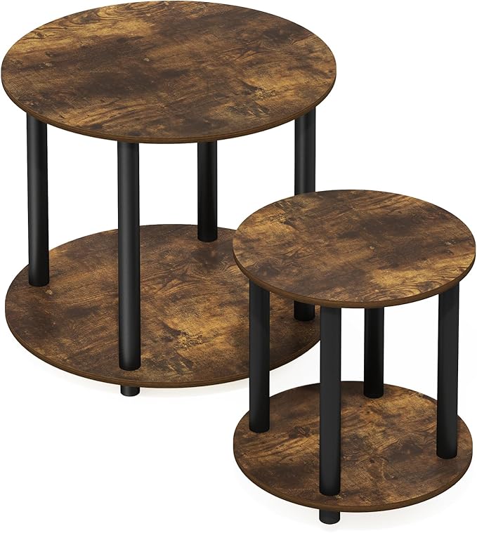 Furinno Turn-N-Tube Simple Design 2-Tier Round Wooden Small Coffee Table, Amber Pine-NeatNest