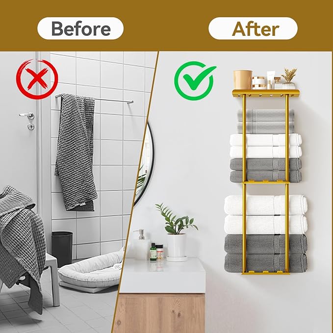 Towel Racks for Bathroom, 3 Tier Metal Towel Holder, with Shelf & 6 Hooks, 29 inch Wall Mounted Towel Storage, 6 Large Bath Towels Capacity,Small Bathroom Towel Rack for Rolled Towels, Gold
