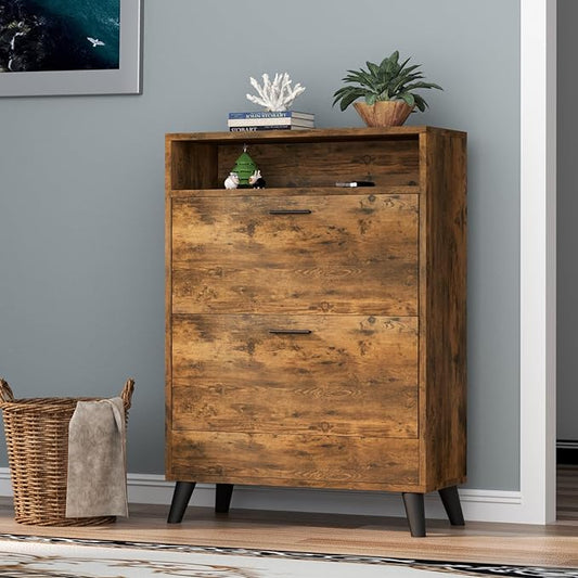 Shoe Storage Cabinets, 16 Pairs Free Standing Shoe Organizer with 2 Flip Drawers for Entryway, Narrow 3 Tier Entryway Hidden Shoe Rack with Doors (Rustic)-NeatNest