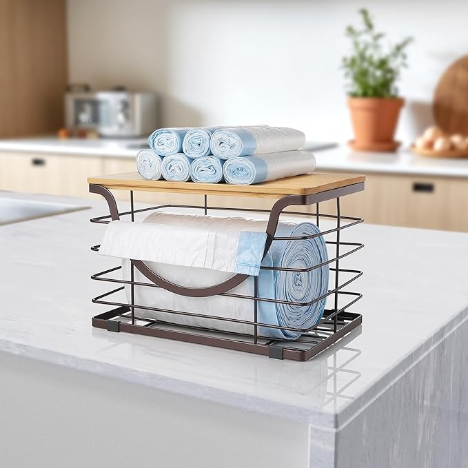 Extra Large Trash Bag Holder Under Sink Stackable Kitchen Storage with Lid, Garbage Bag Dispenser Roll Holder, Wall Mounted Trash Bag Container, Laundry Room Organization Storage, Brown-NeatNest