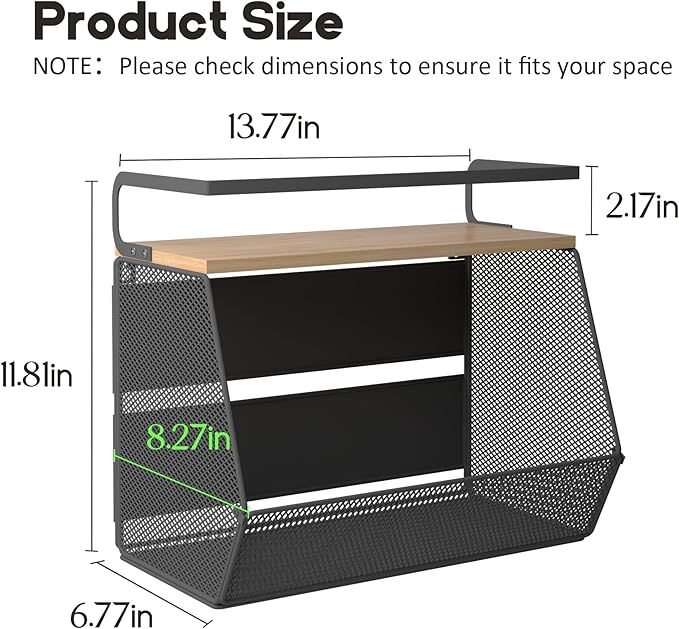 Magnetic Shelf for Fridge with Wide & Thick Magnet, 1 Pack Refrigerator Organizer Basket with Bamboo Top, Storage for Fruit, Potato, Onion, Kitchen, Pantry, Laundry (Black, M)