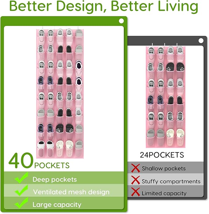 Unjumbly Over the Door Shoe Organizer with 40 Large Breathable Mesh Pockets, Space Saving Shoe Holder, Hanging Shoe Rack for Entryway Bedroom Closet Storage (Pink, 40 Pockets)-NeatNest